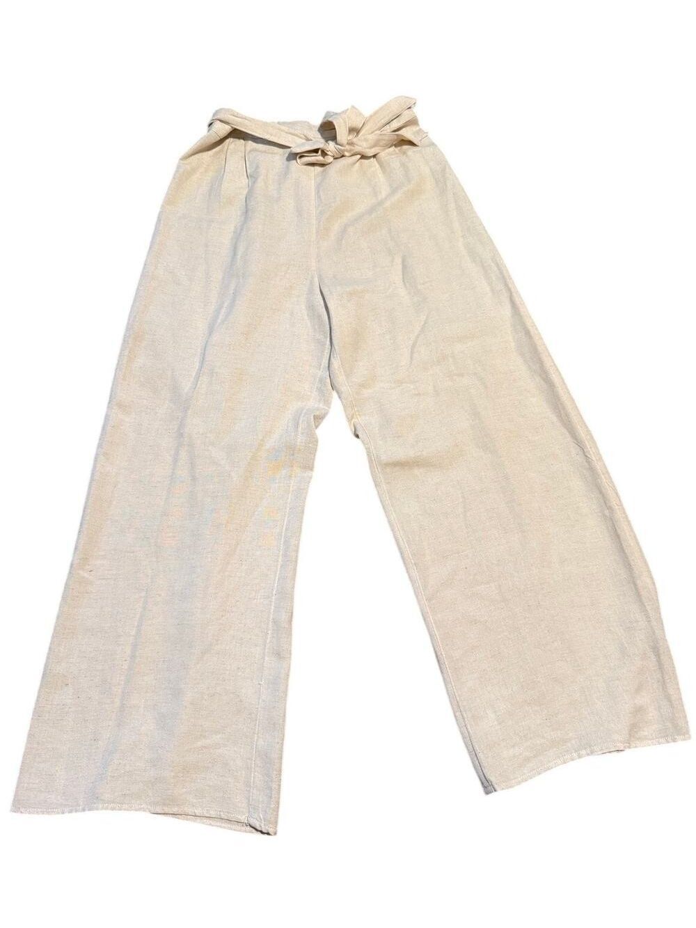 Japna Wide Leg Flax Linen Blend Pants, Cream High Waist Tie Belt, Women's Large